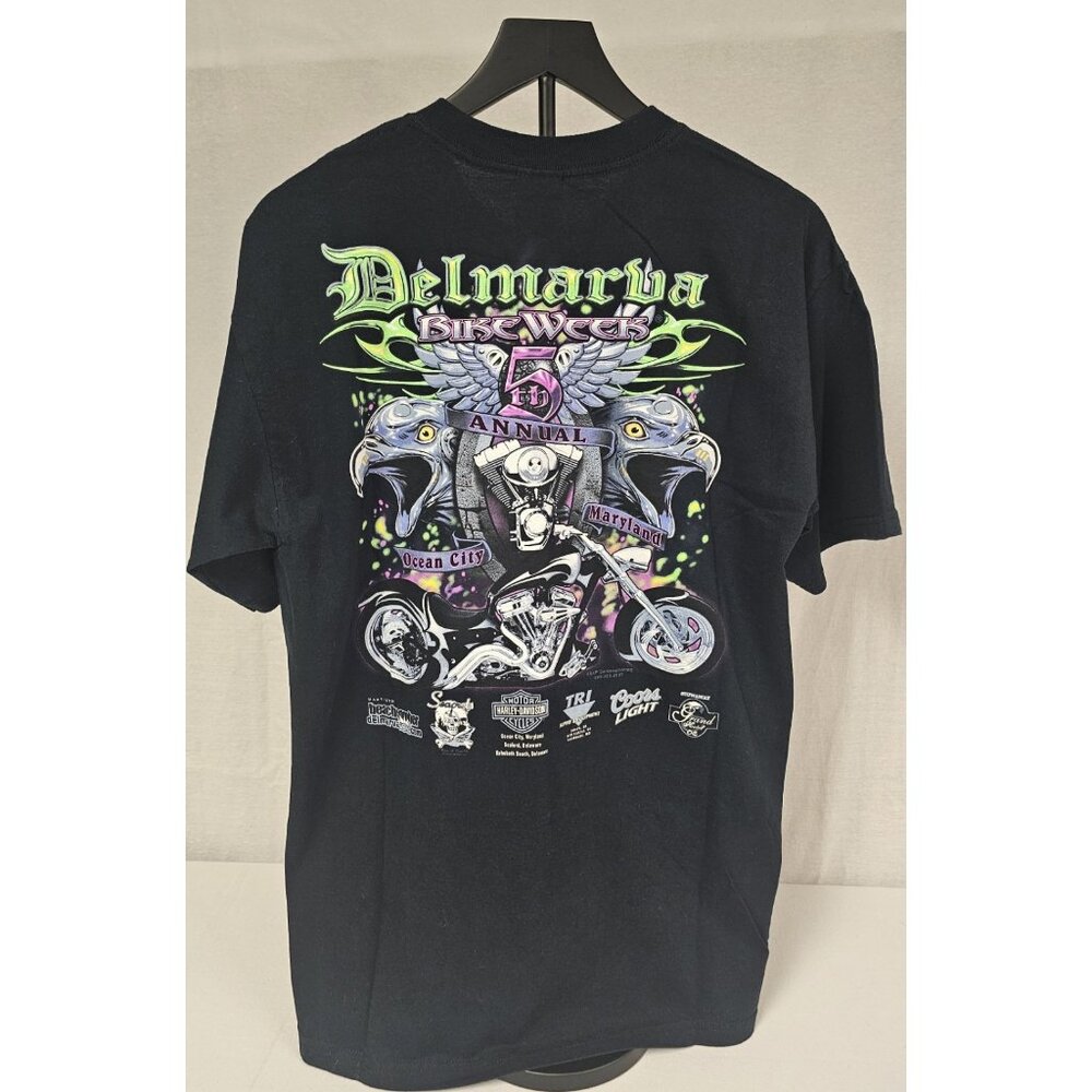 Y2K 2005 Delmarva Bike Week 5th Annual Double Sided Graphic Black T-Shirt Sz Lrg
